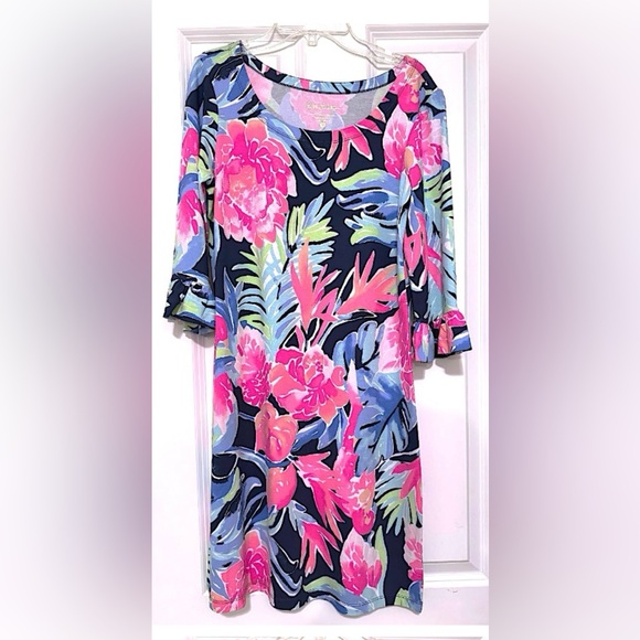 Lilly Pulitzer Sophie Ruffle High Tide Navy Tropical Dress ; Size S; - Picture 2 of 7
